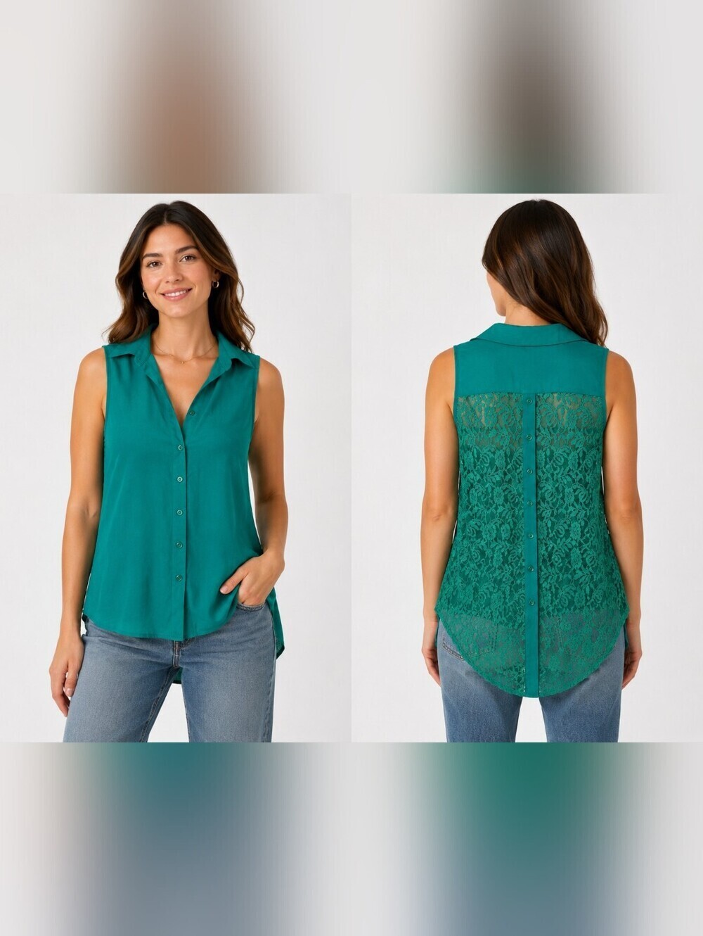 Edge Teal Lace Back Blouse Sleeveless Button Front Sheer Hi Low Top Large